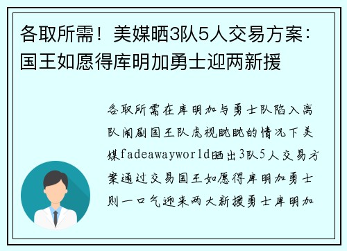 各取所需！美媒晒3队5人交易方案：国王如愿得库明加勇士迎两新援