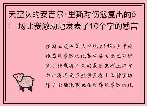 天空队的安吉尔·里斯对伤愈复出的首场比赛激动地发表了10个字的感言