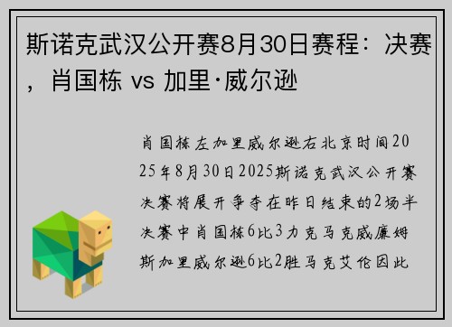 斯诺克武汉公开赛8月30日赛程：决赛，肖国栋 vs 加里·威尔逊